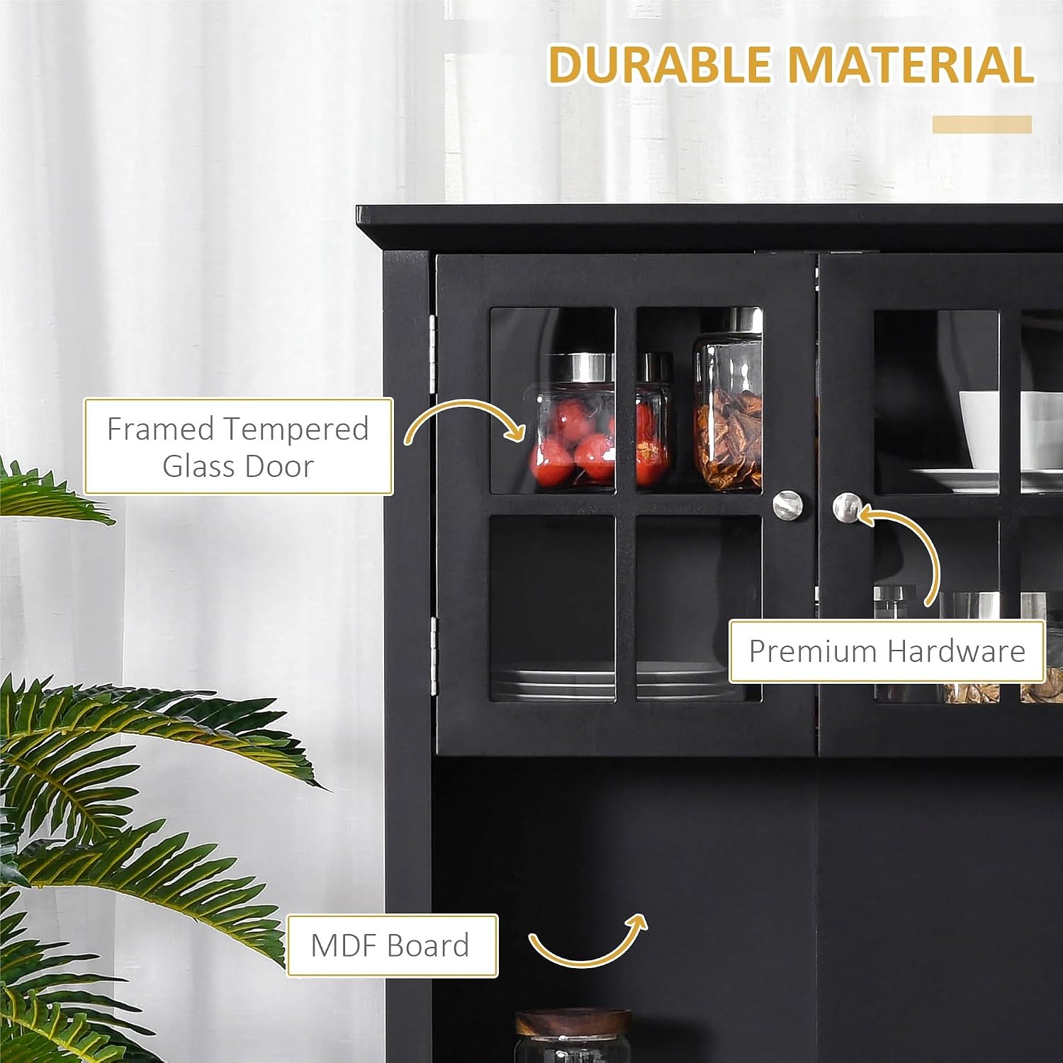 Kitchen Pantry Storage Cabinet with Framed Glass Door Drawer and Microwave Space, Black,for Kitchen