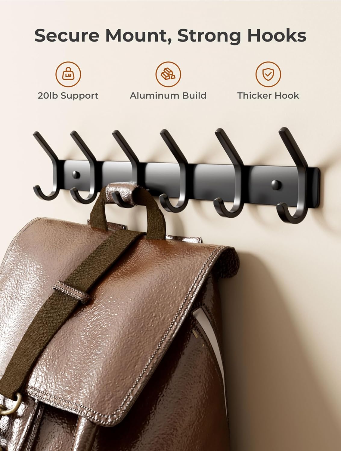 Coat Rack Wall Mount Hooks - 15 Inch Matte Black Metal 6-Hook Organizer Wall Mounted, Modern Kids Room, Entryway & Bathroom Hanger for Beach Towels, Coats, Purses, Bags (2 Pack)