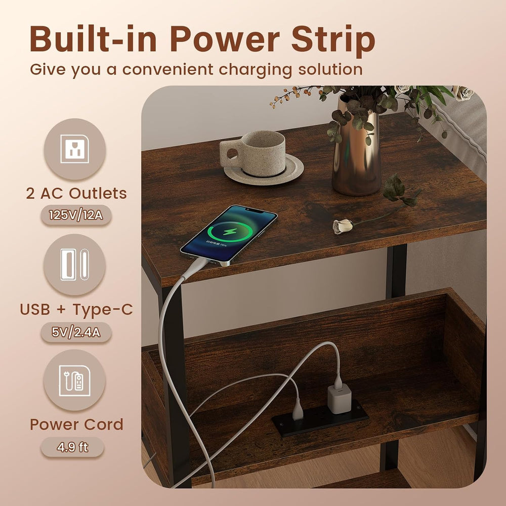Giantex Side Table with Charging Station - Industrial 3-Tier Bedside Table w/...