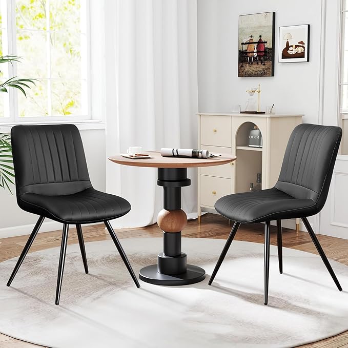 Modern Dining Chairs Set of 2, Dining Chairs with Thick Cushions, PU Leather Upholstered Kitchen Dining Room Chairs with Metal Legs for Dining Living Room (Black)