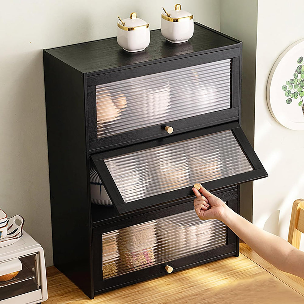 3 Tier Kitchen Pantry Storage Cabinet with with 2 Sliding Striped Glass Doors...