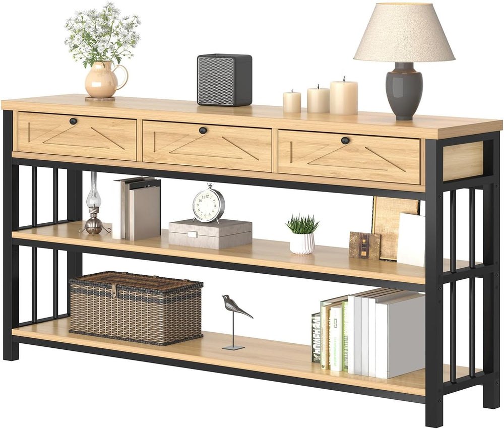 HSH Sofa Table with Storage, 55” Wood Entryway Table with 3 Drawers, 3 Tier C...