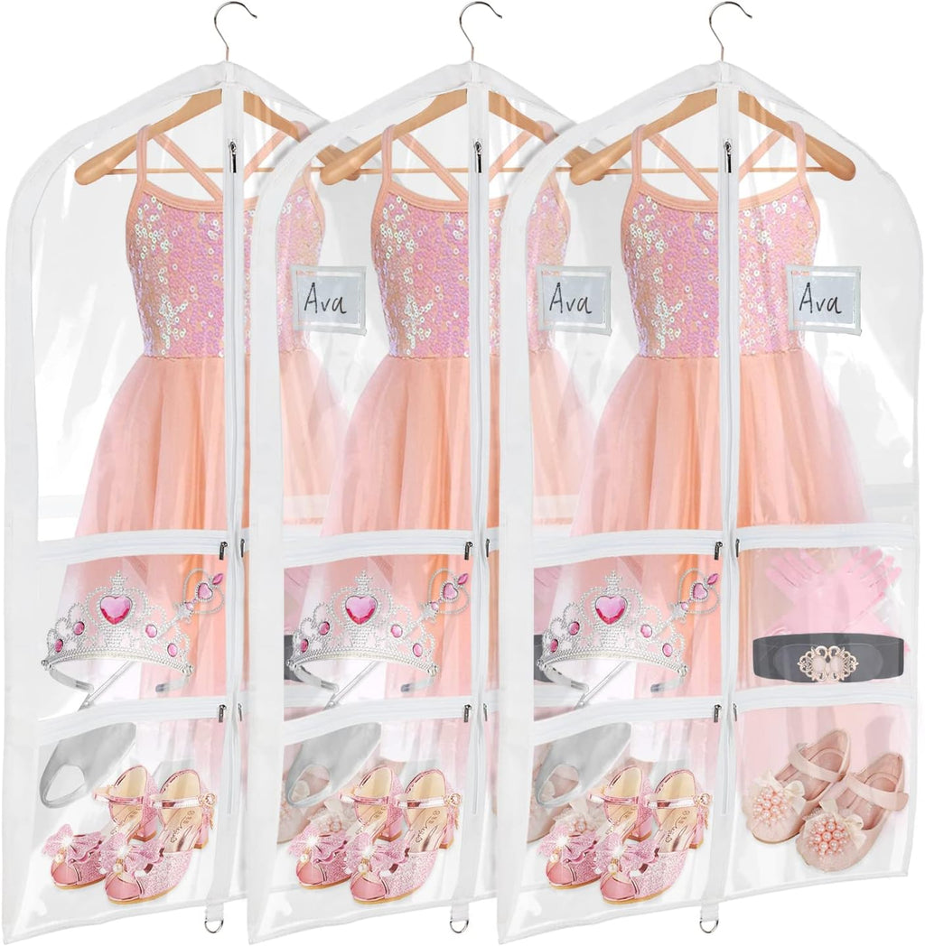 Univivi Clear PVC Dance Costume Bags (3 Pack) Garment Bag 40 Inch for Dance Competitions, with 4 Medium Clear Zipper Pockets and 1 Large Back Zippered Pocket [Upgraded Version] | Breathable Fabric, PVC Window, 4 Clear and 1 Back Zip Pocket, Upgraded