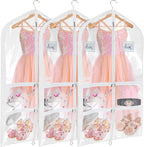 Univivi Clear PVC Dance Costume Bags (3 Pack) Garment Bag 40 Inch for Dance Competitions, with 4 Medium Clear Zipper Pockets and 1 Large Back Zippered Pocket [Upgraded Version] | Breathable Fabric, PVC Window, 4 Clear and 1 Back Zip Pocket, Upgraded