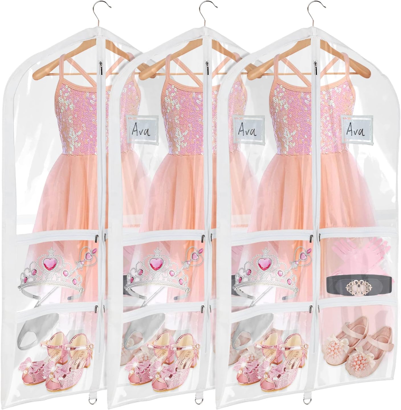 Univivi Clear PVC Dance Costume Bags (3 Pack) Garment Bag 40 Inch for Dance Competitions, with 4 Medium Clear Zipper Pockets and 1 Large Back Zippered Pocket [Upgraded Version] | Breathable Fabric, PVC Window, 4 Clear and 1 Back Zip Pocket, Upgraded
