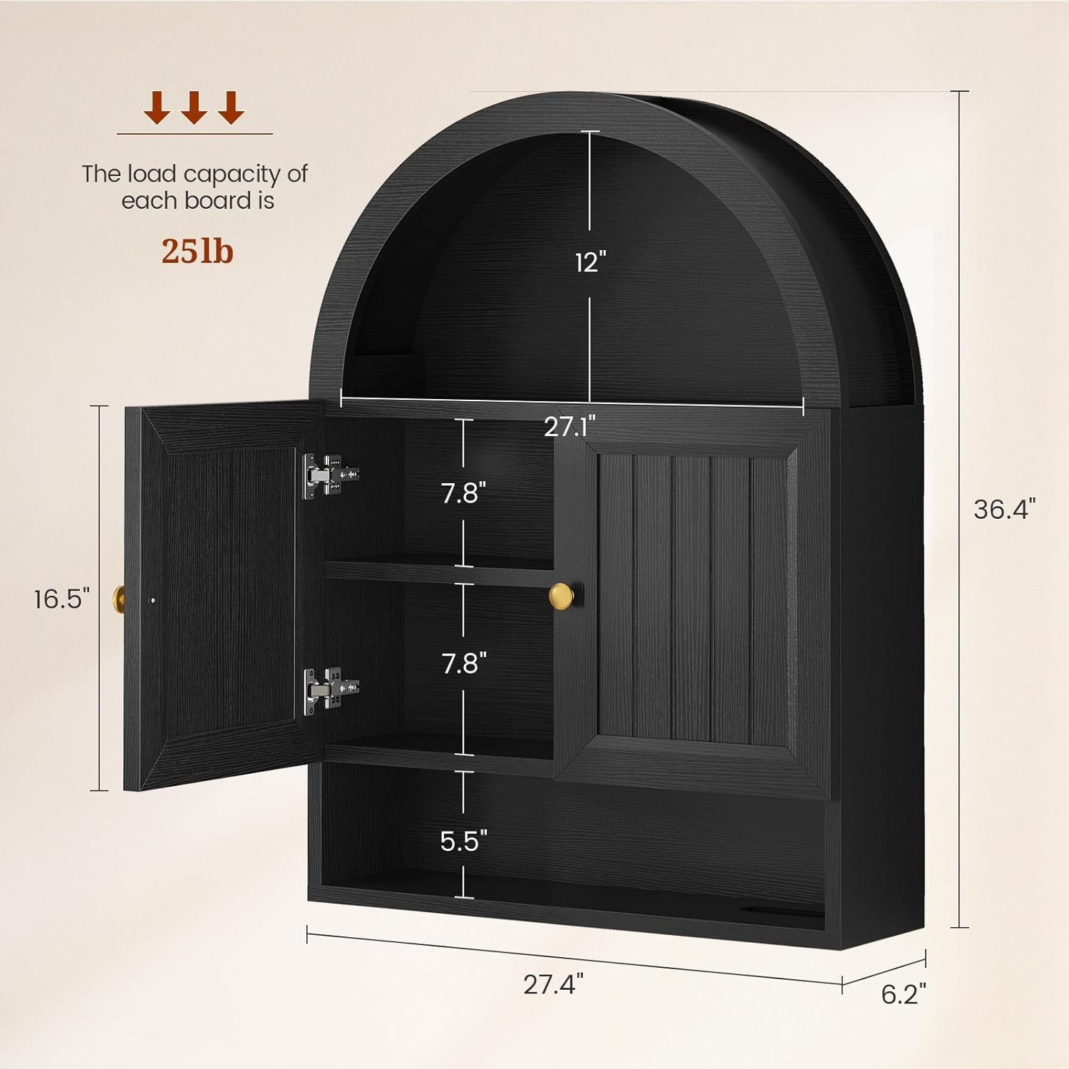 Arched Bathroom Wall Cabinet, 27.4 x 36.4'' Over The Toilet Cabinet with Grille Door, Adjustable Shelf, Wall Mounted Cabinets for Bathroom Laundry Room Kitchen (Black, 36IN)