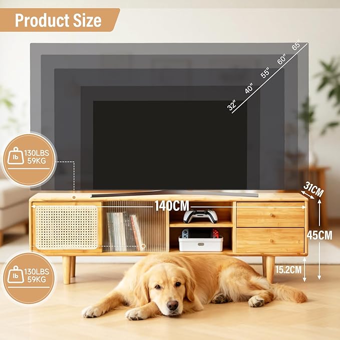 Tiita Rattan TV Stand for 55 65 Inch TV, Bamboo TV Cabinet with 2 Drawers, Boho Entertainment Center with Adjustable Shelf, Mid Century Modern Media Console for Bedroom, Living Room, Wood