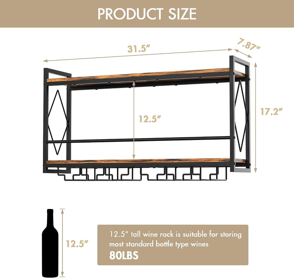 Wine Rack Wall Mounted Wine Glass Rack With LED For Home Bar Storage | 31.5 I...
