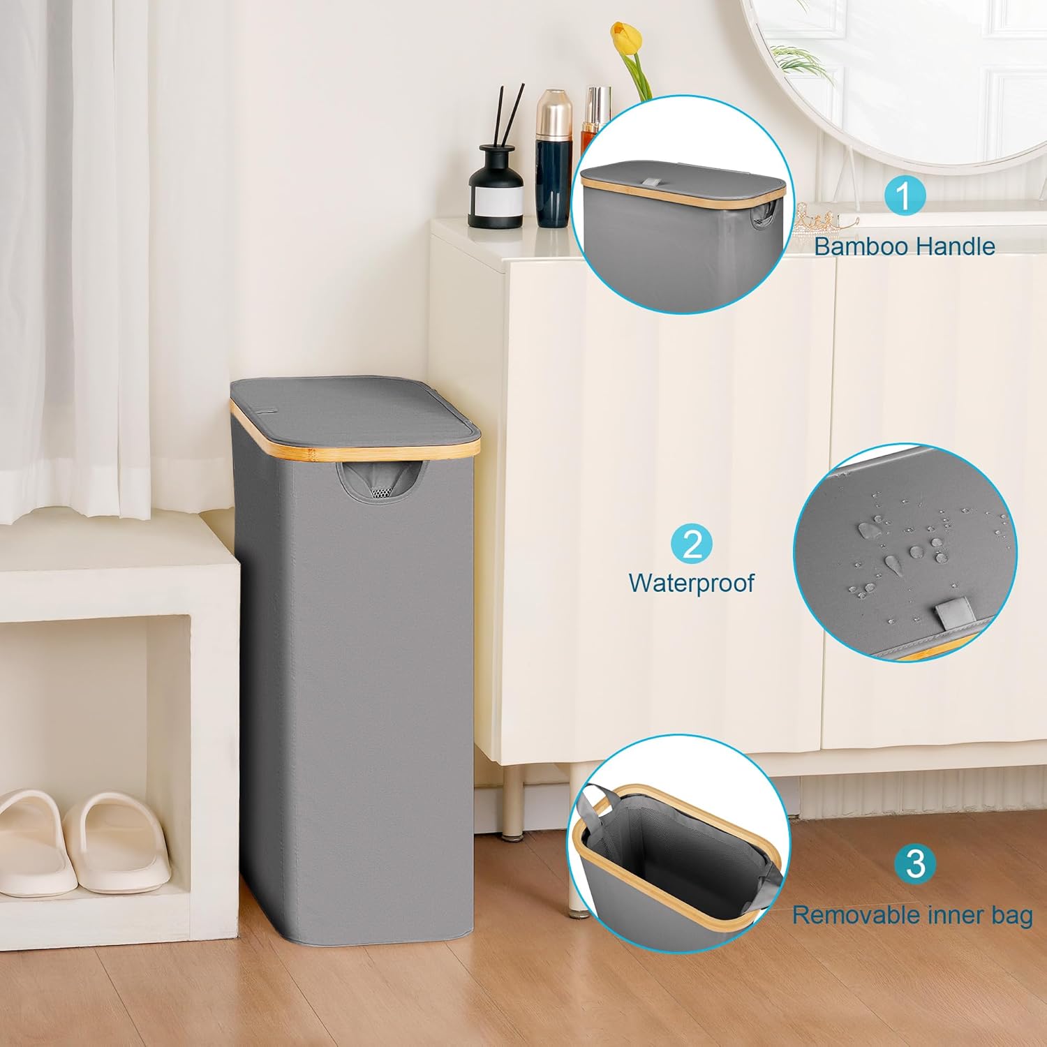 efluky Slim Laundry Basket with Lid, Narrow Laundry Hamper with Removable Bag, Skinny Dirty Clothes Basket with Bamboo Handles for Bathroom, Bedroom & Laundry Room, 65L Grey