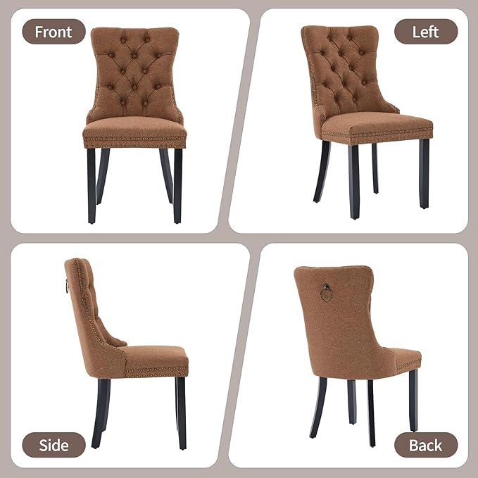 Brown Dining Chairs Set of 2, Upholstered Tufted Linen Fabric Dining Room Chairs with High Back, Nailhead Trim and Black Solid Wood Legs, Modern Dining Chair for Dining Room, Kitchen(Brown)