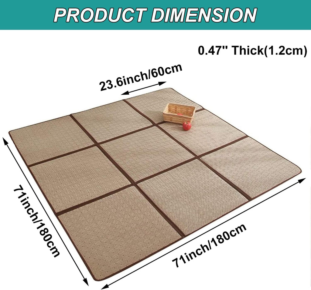 MYOYAY Large Japanese Tatami Mat 71x 71in Large Summer Breathable Sleeping Mat Foldable Rattan Floor Mat Non-Slip Memory Foam Stitching Carpet Crawling Mats Living Room Bedroom Playroom Yoga