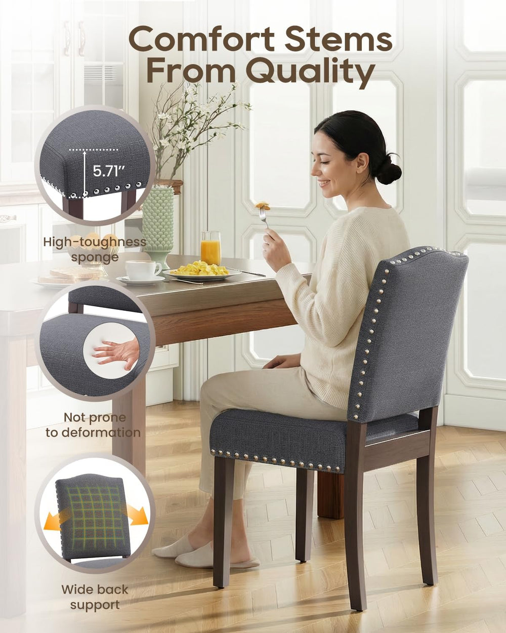 Upholstered Dining Chairs Set of 6 with Thickened Seat Cushion, Wooden Mid-Ce...