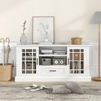 Tangkula Farmhouse TV Stand for TV up to 65 70 Inches, Tall Media Console Table with 2 Glass Storage Cabinets, 1 Drawer & 2 Open Shelves, Wooden Entertainment Center for Living Room (White)