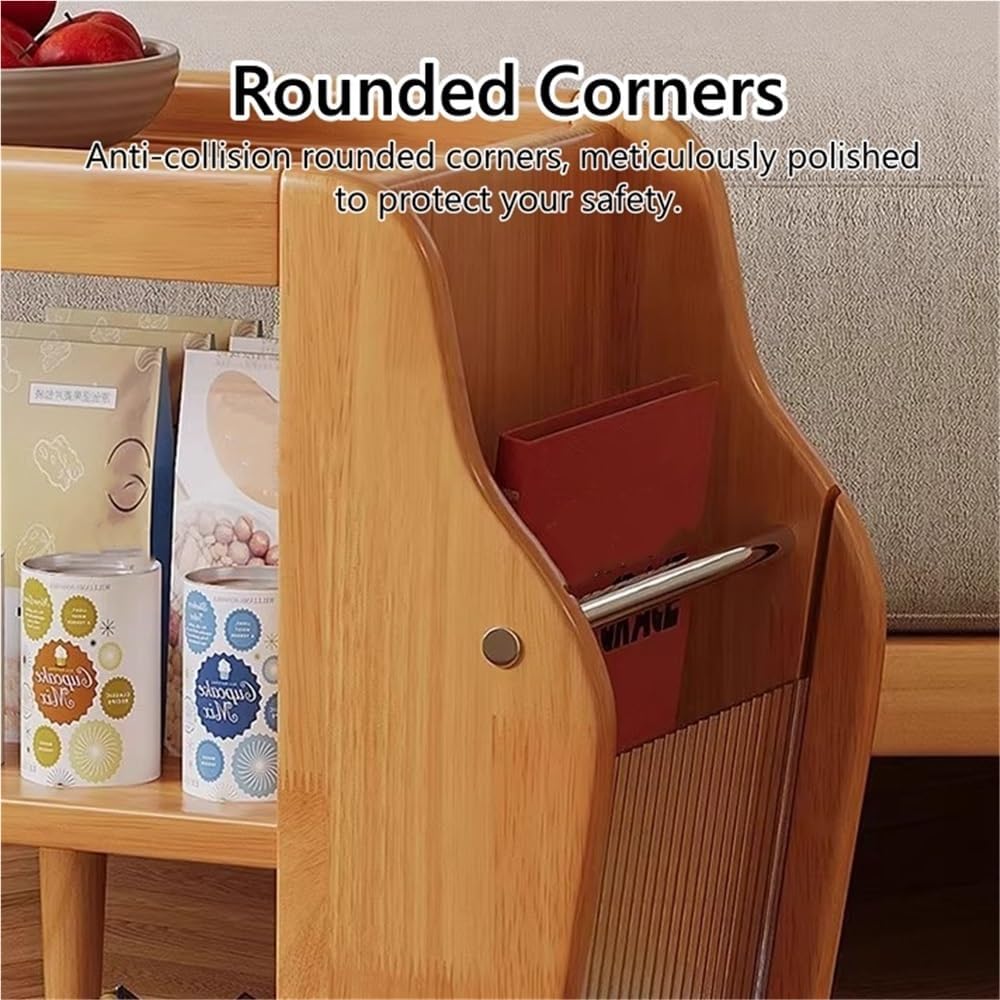 Movable Wood Side Tables with Casters, Rolling Table with Storage, Living Roo...