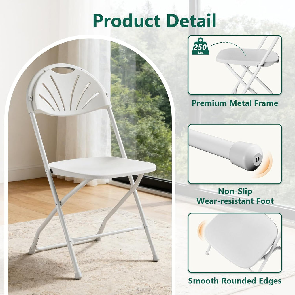 Folding Chair 2 Pack, Portable Foldable Chair with Ergonomic Design Back&Seat, Plastic Chairs for Party Wedding Dinning Indoor&Outdoor Use, Metal Frame Supports up to 350lbs, White