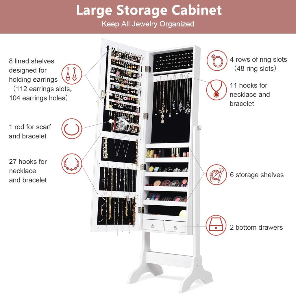 WATERJOY Jewelry Organizer with Full Body Standing Mirror Jewelry Holder Storage 4 Angle Adjustable Lockable Jewelry Cabinet Jewelry Armoire