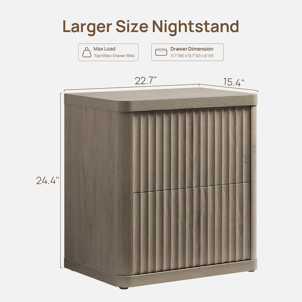 SICOTAS Night Stand Nightstand with 2 Drawers Storage Bedside Table Large Fluted Bed Side End Table Modern 24.4" Tall Wide Night Stands for Bedroom Living Room Sofa Couch Home Office, Grey Alder