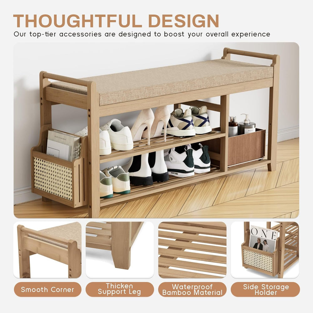 Homaxy 2-Tier Shoe Rack Bench with Side Holder, 39.4 in Bamboo Entryway Bench...