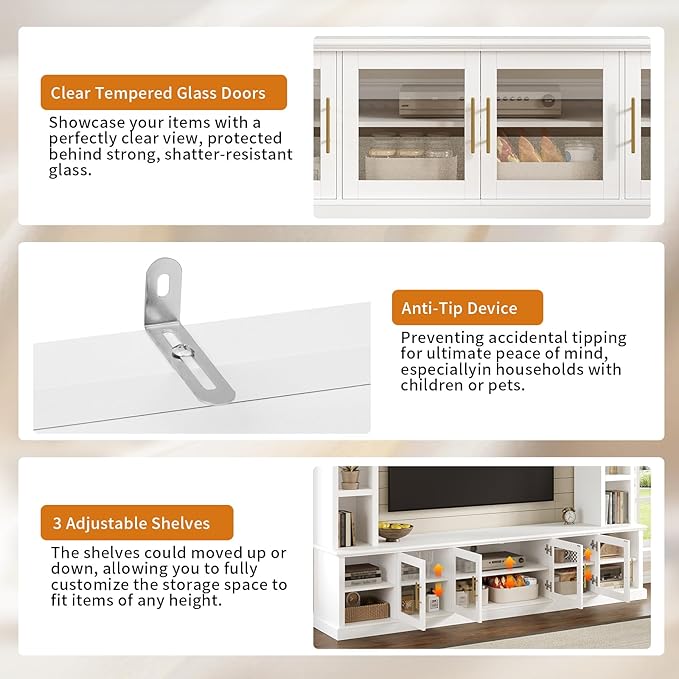 Merax 95" Entertainment Center for TVs up to 80", All-in-One TV Stand with Bookshelves & Storage Cabinets & Tempered Glass Doors & Adjustable Shelves, Modern Living Room Wall Unit Media Console, White