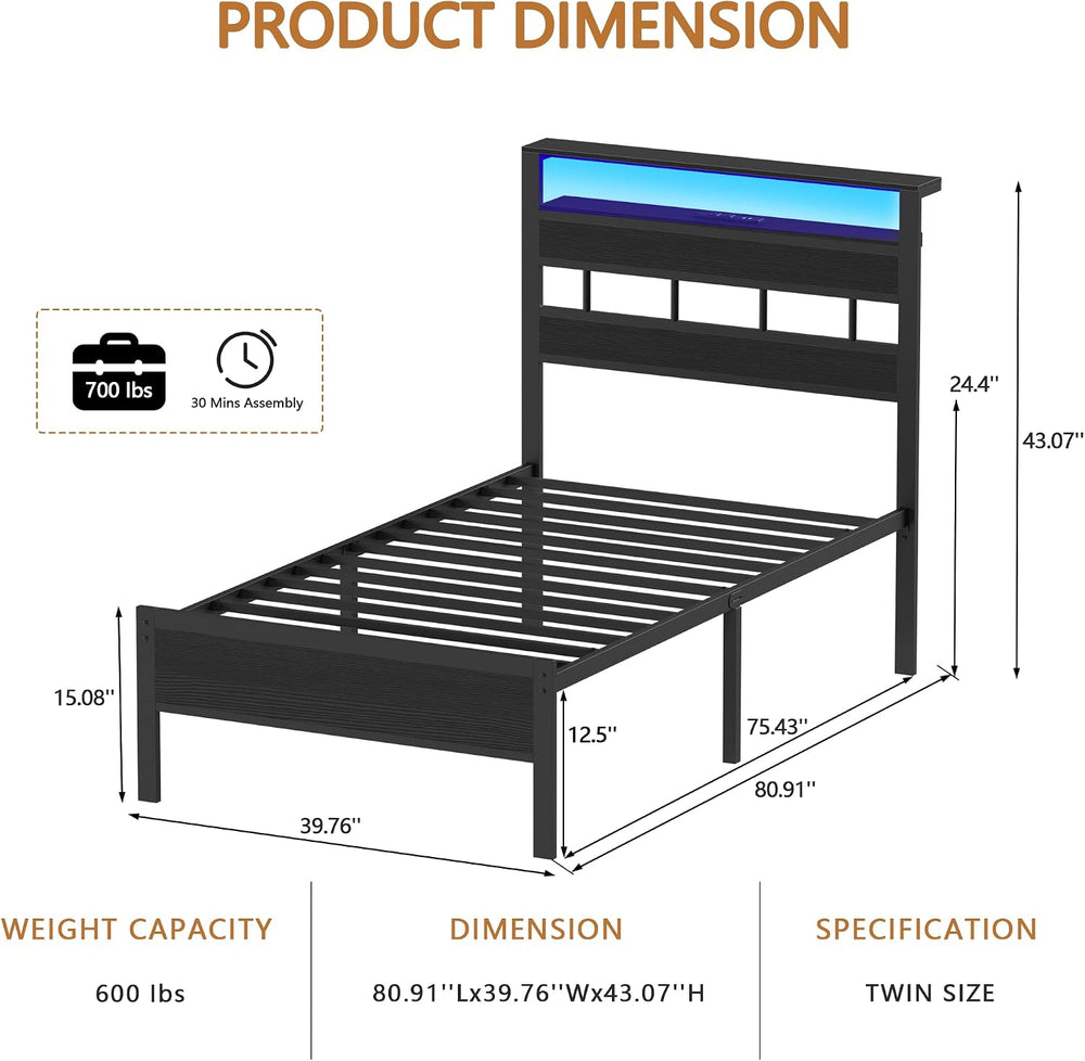 Twin Bed Frames with Charging Station and LED Lights, Black Oak