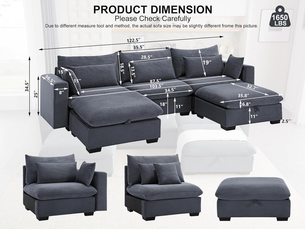 asunflower Matching Large Storage Ottoman for Sectional Sofa, Oversized Foldable Footrest Stool with Lid, Dark Grey Corduroy Bench - 37.4" Extra Wide