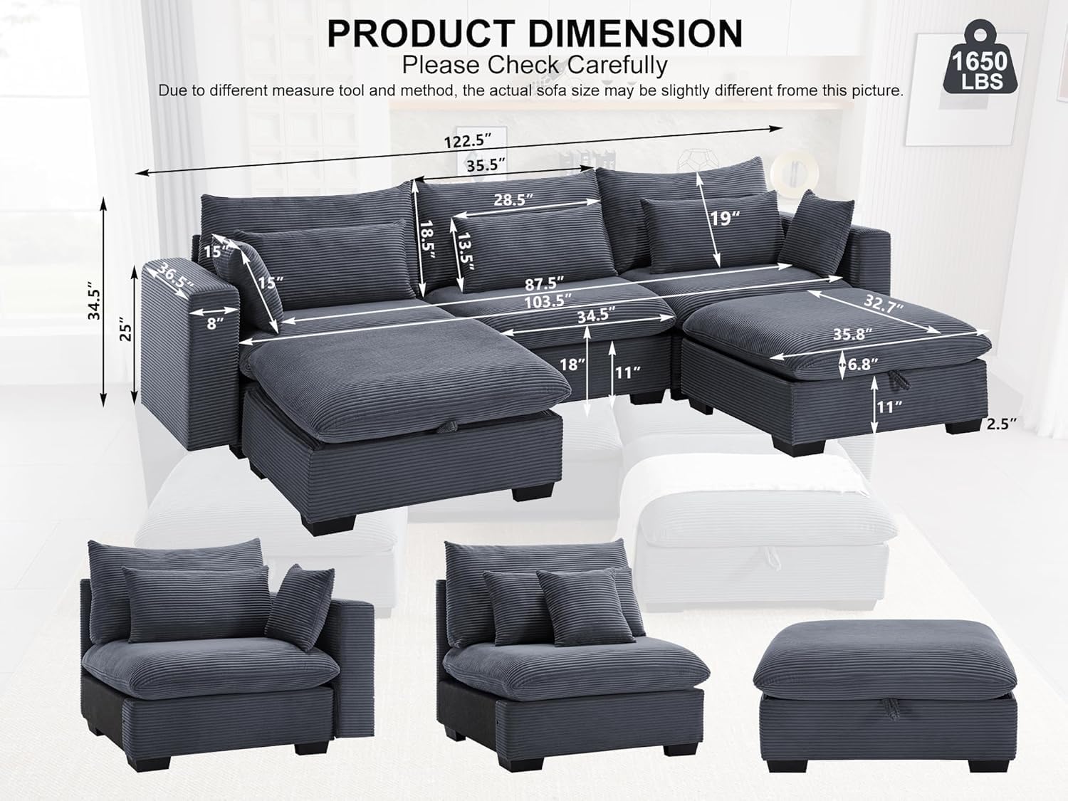 asunflower Matching Large Storage Ottoman for Sectional Sofa, Oversized Foldable Footrest Stool with Lid, Dark Grey Corduroy Bench - 37.4" Extra Wide