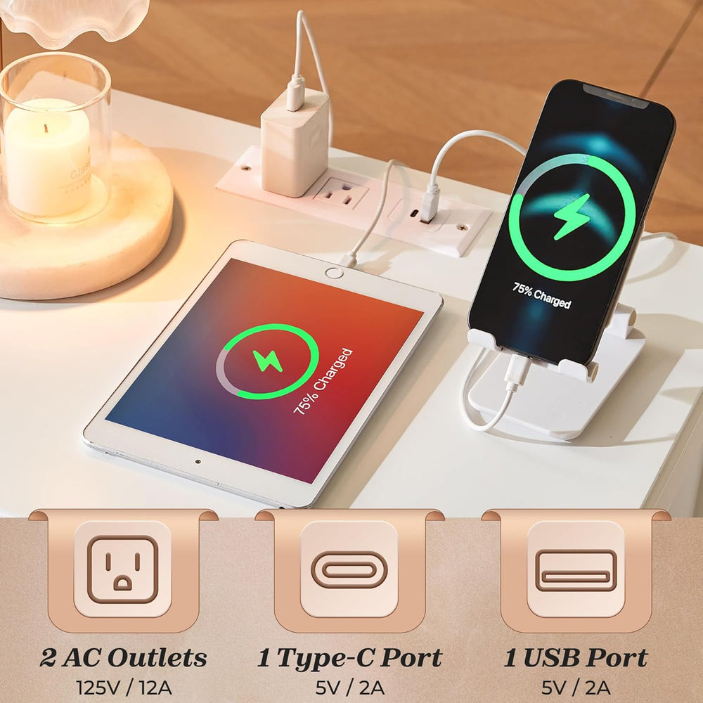 Huuger White Nightstand Set of 2, Night Stand with Charger Station, Bedside T...