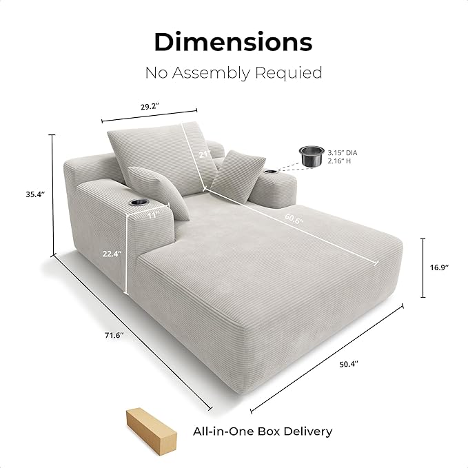 LIKIMIO 71.6" Oversized Chaise Lounge Chair Indoor with Cup Holders & Storage - Corduroy Sofa Bed for Living Room, Reading Nook, or Bedroom, No Assembly Cloud Couch (Greige)