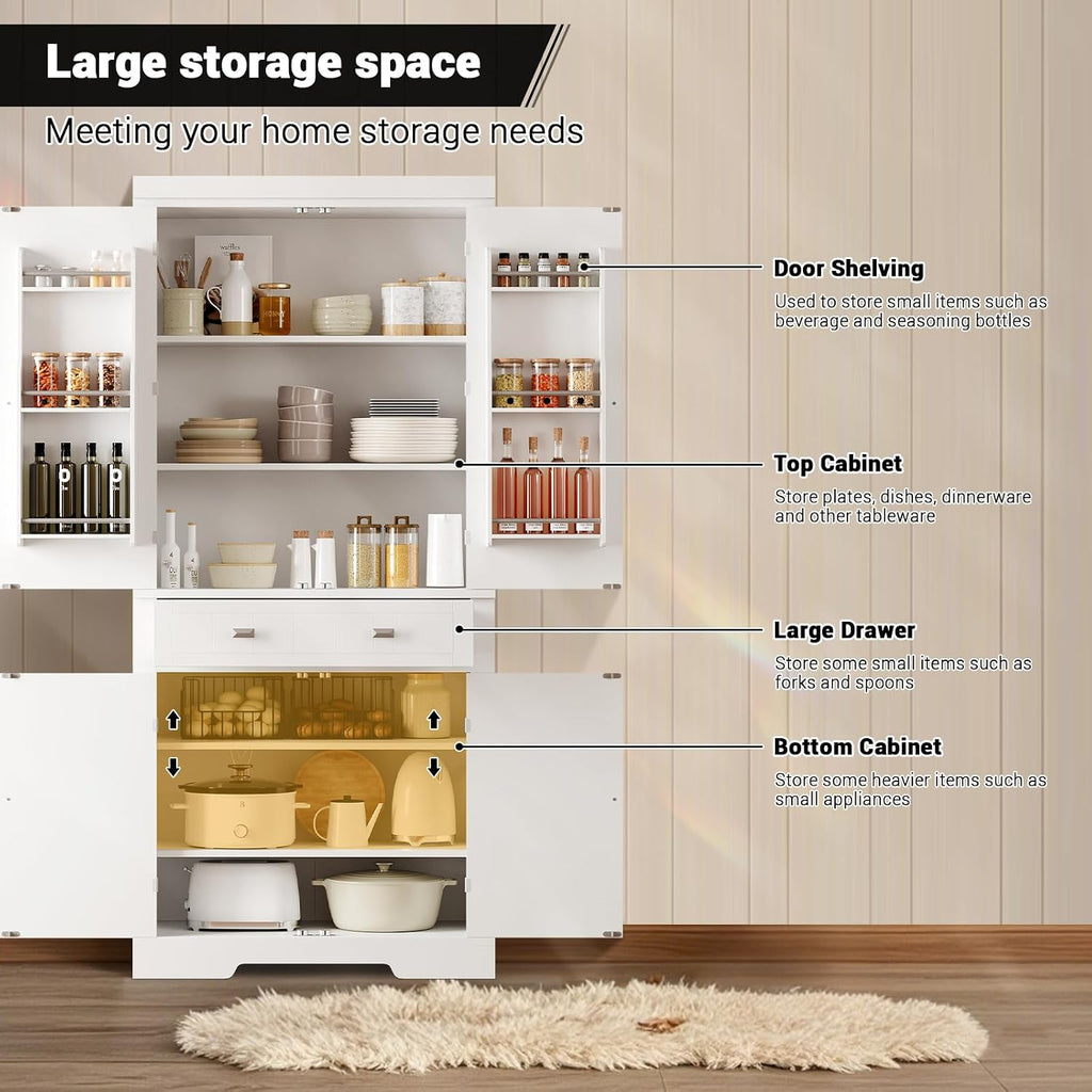 72 Inch Pantry Cabinet, Space-Saving Wood Kitchen Storage Cabinet with Drawer, Door Shelves & Adjustable Shelves, Modern White Cupboard for Dining Room Apartments