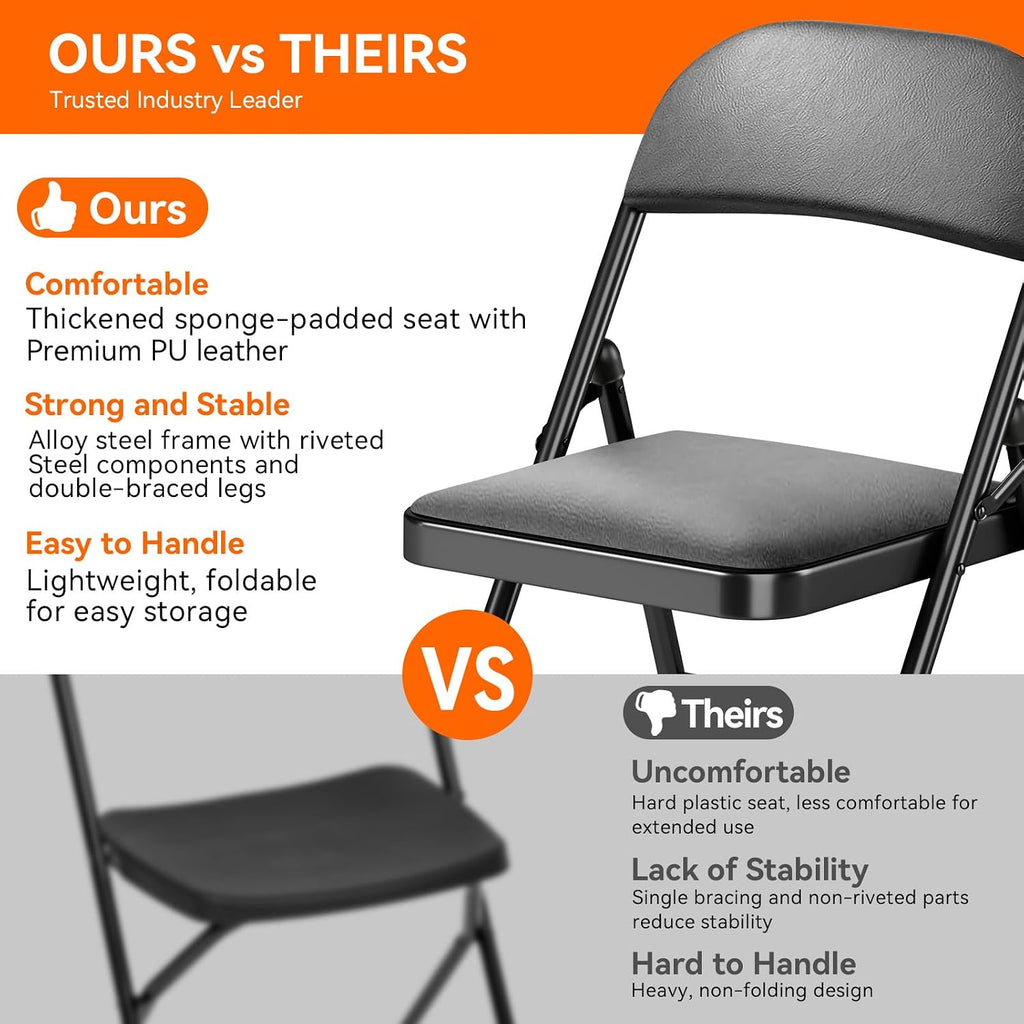 SKONYON Folding Chair with Cushion, 450LBS, PU Padded Metal Chair, Black | Portable single foldable chair with padded seat & back, steel frame, for indoor outdoor events, office, wedding & party
