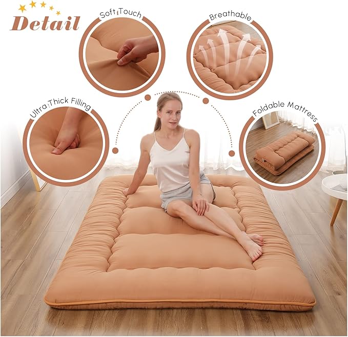 Japanese Floor Mattress, Futon Mattress with Portable Storage Bag and Washabl...