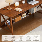 Extra Long Desk with Bookshelf - Wooden Home Office Work Study Table, 2-Person Writing Computer Workstation with Storage Shelf in Walnut, 71" Wx20 Dx30 H