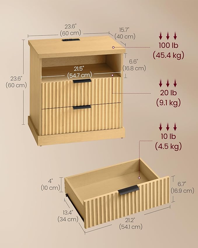 VASAGLE MAXE Collection - Nightstand with Charging Station, Bedside Table, Si...