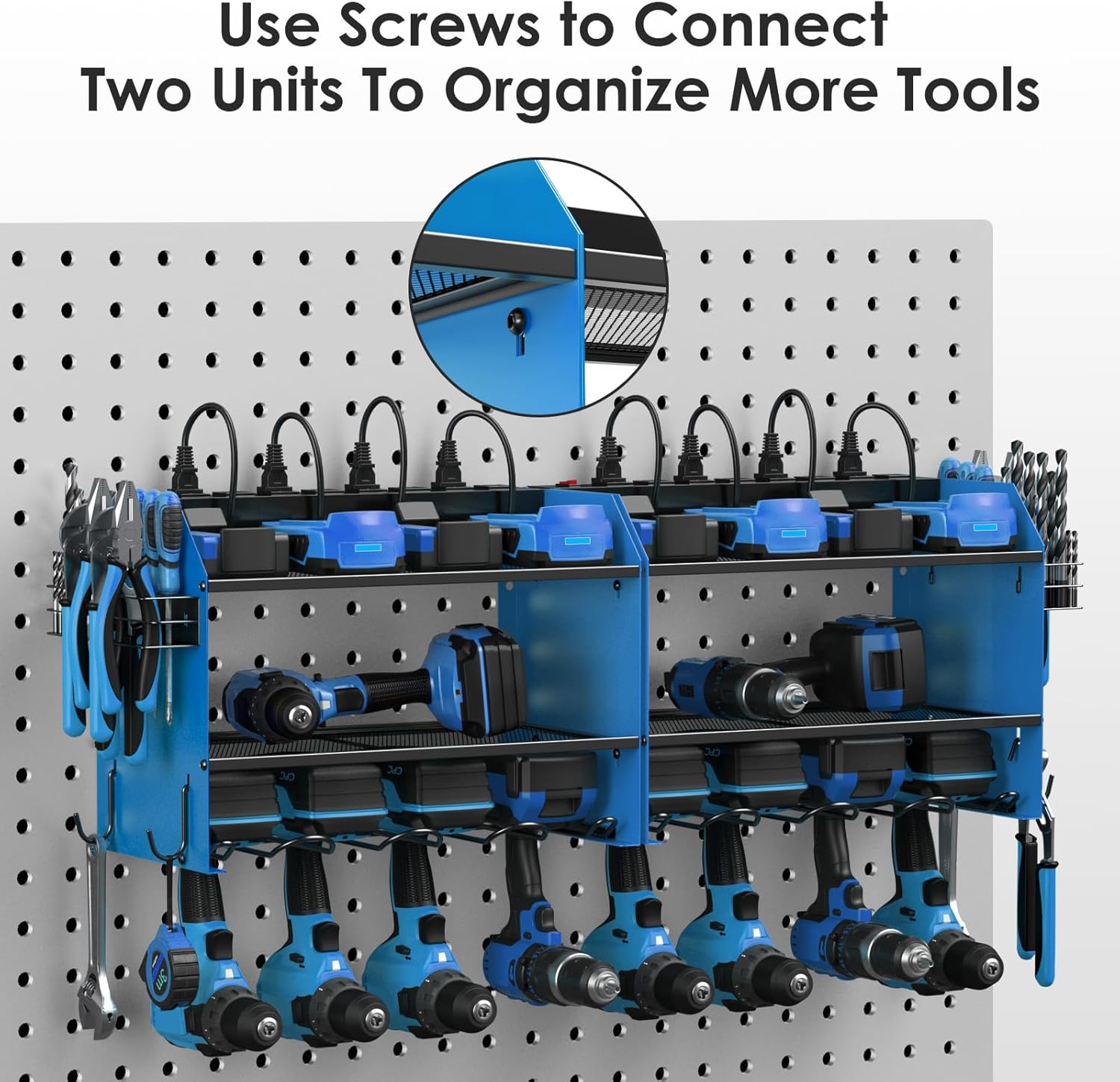 CCCEI Modular Power Tool Organizer Wall Mount with Charging Station. Garage Drill Storage Shelf with Hooks, Heavy Duty Rack, Tool Battery Holder Built in 8 Outlet. Gift for Men. Blue, 1 Pack.