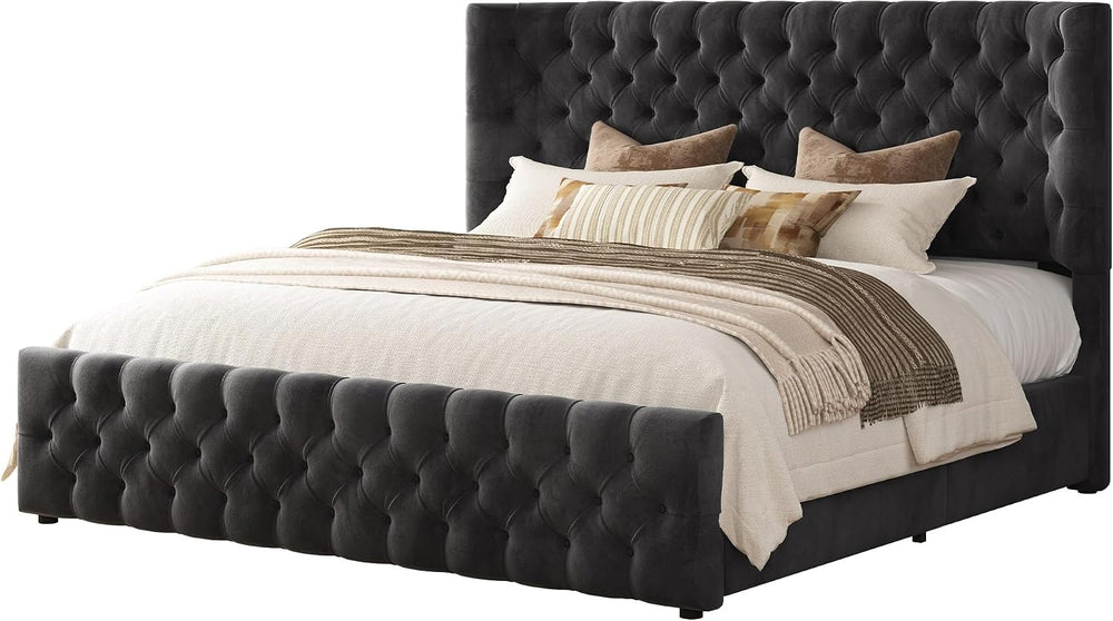 AMERLIFE Upholstered Queen Bed Frame with Wingback Headboard, Black Velvet