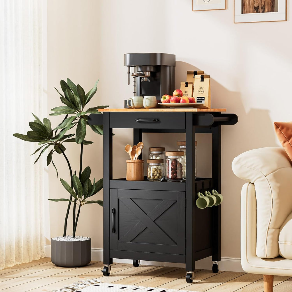 VINGLI Rolling Kitchen Cart with Microwave Stand, Storage Cabinet & Drawer, Small Coffee Cart with Side Hooks & Towel Rods, Compact Kitchen Island on Swivel Wheels, Black