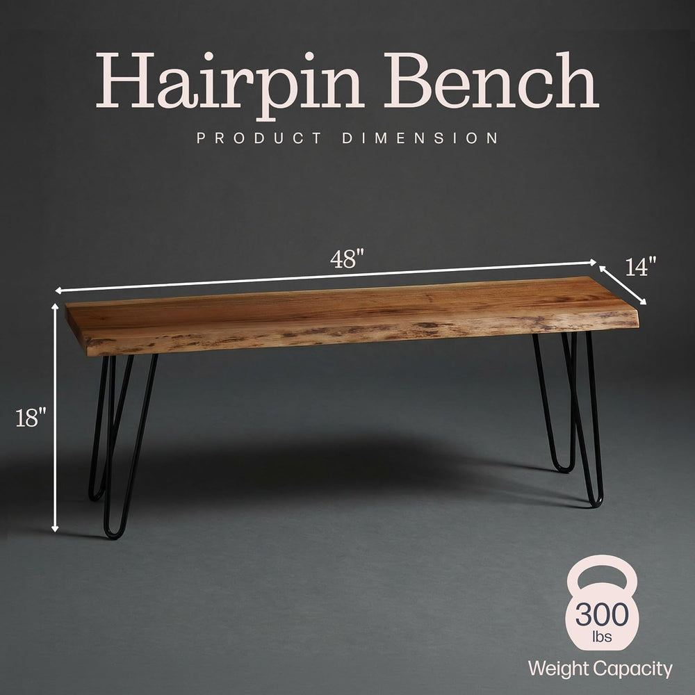 Alaterre Live Edge Solid Wood Entryway Bench with Hairpin Metal Legs, 48” | N...