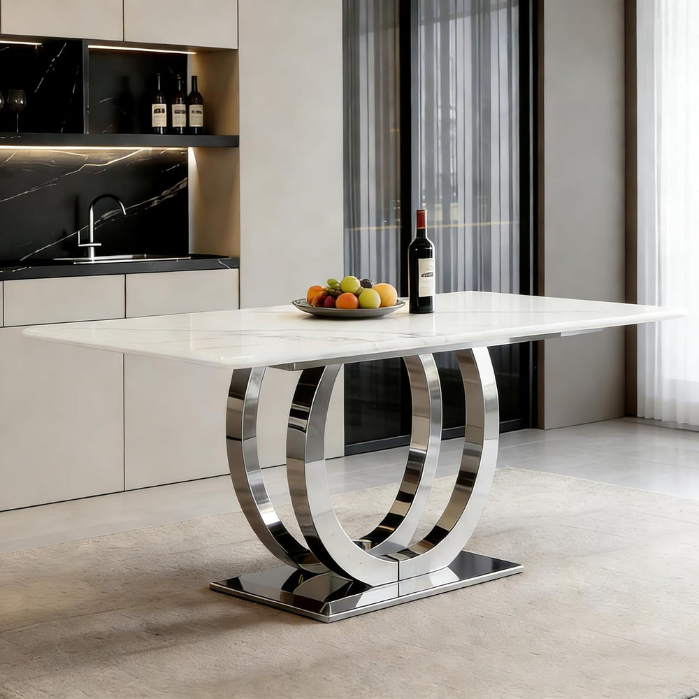 SSLine Modern White Marble Dining Table for 6-8 Rectangle 69.3" Faux Mar...