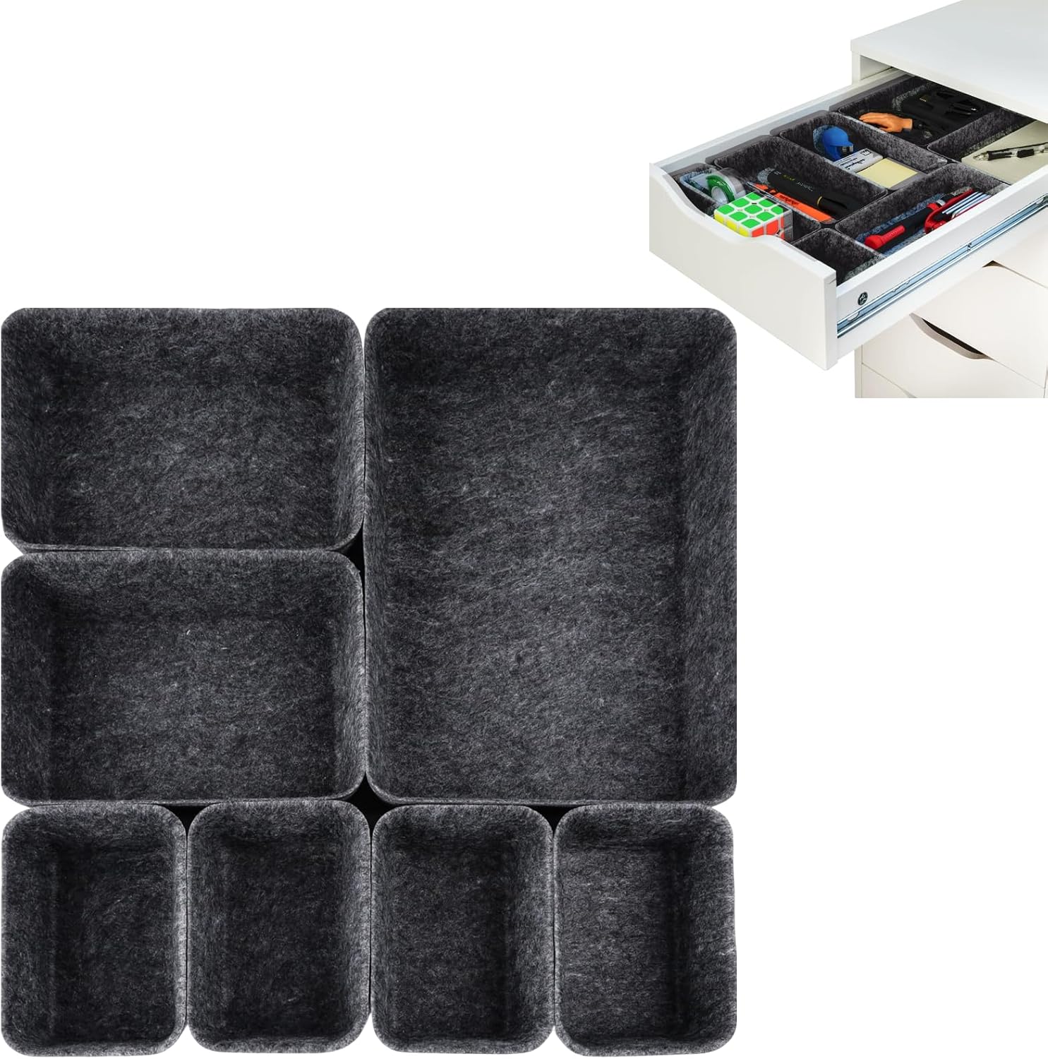Drawer Organizer Compatible with Alex – 7 Pack Felt Desk and Makeup Drawer Organizers, Soft Storage Bins for Office, Vanity, Bedroom, and Dresser Drawers