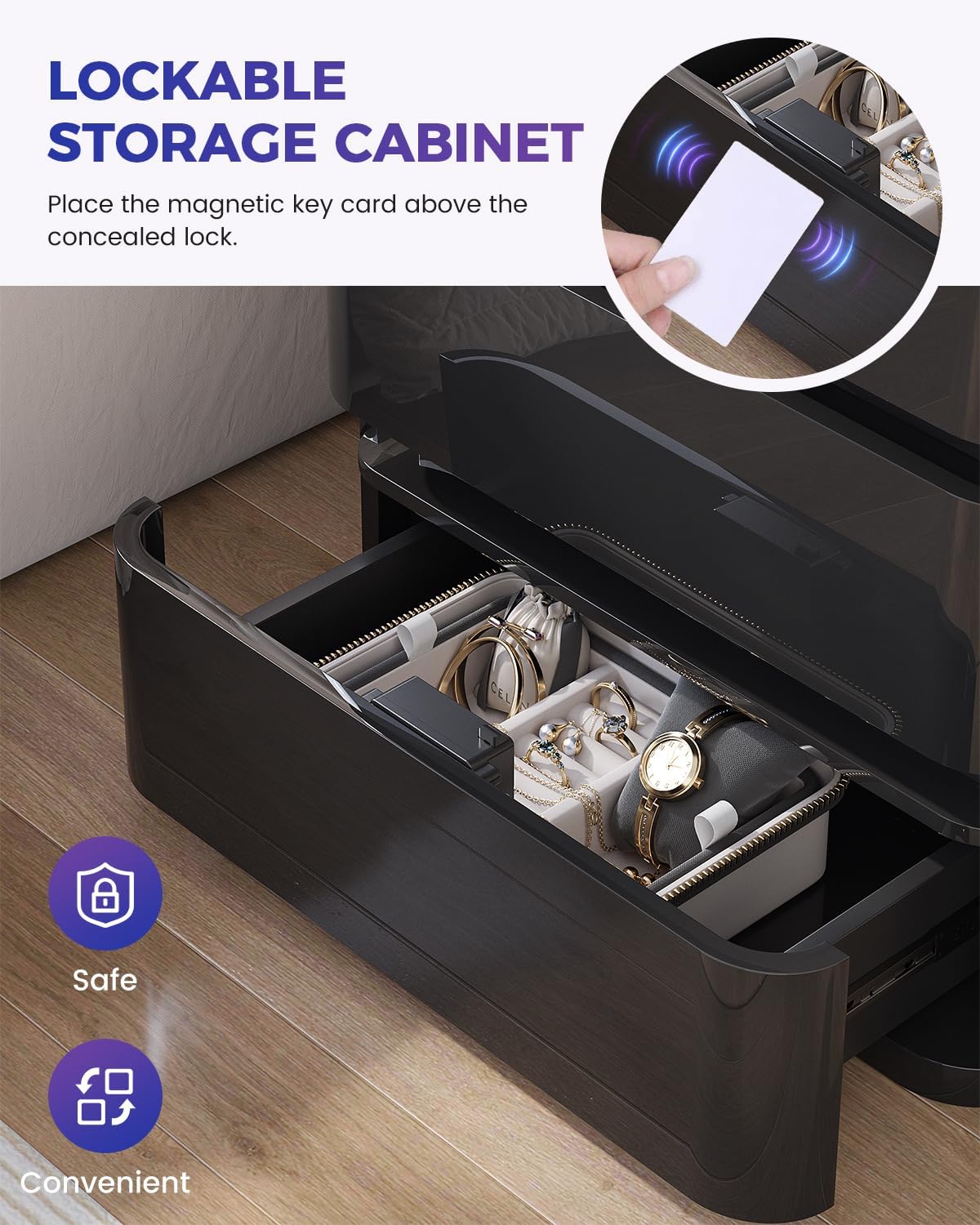Dystler Fully Assembled Nightstand with Charging Station and LED Lights | 3 Drawers Bedside Table with Galaxy Projector & Hidden Storage, Modern RGB Night Stand Setup Perfect for Bedroom Display