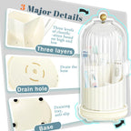 Multifunctional Rotating Toothbrush Holders with Sliding Lid and Draining Tray, 3-Slot Bathroom Countertop Vanity Organizer for Tooth Brush, Toothpaste, and Makeup Brushes Holder Storage (White)