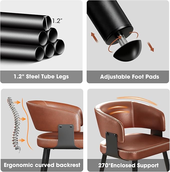 Modern Dining Chairs Set of 6, Upholstered Faux Leather Kitchen Side Chairs with Curved Open Back, Elegant Decorative Stitching, Easy Assembly for Dining Room, Restaurant, Cafe,Vintage Brown