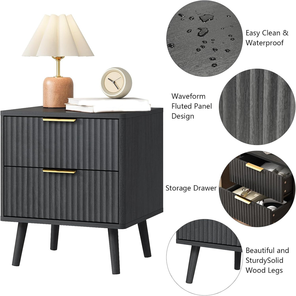 CARPETNAL Fluted Nightstand, Black Bedside Table with 2 Drawers and Gold Handles, Wood End Table Mid Century Night Stands for Bedroom Living Room