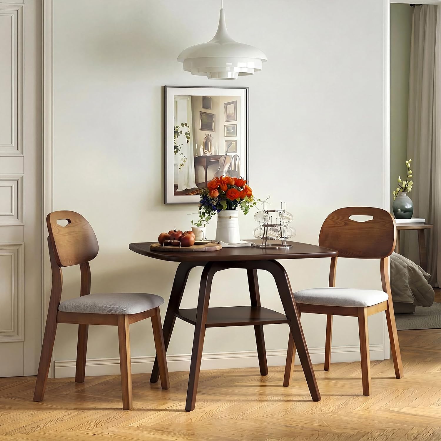 LKTART Dining Table Set for 2, Square Solid Wood Dining Table with 2 Grey PU Dining Chairs, Soild Wood Table Chairs Set of 2 for Small Spaces, Dining Room, Kitchen, Walnut