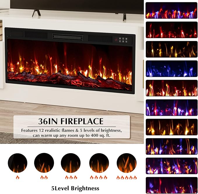 Lemberi Fireplace TV Stand with 36" Electric Fireplace, Fits TVs Up to 80", 70" LED Lit Entertainment Center, Modern High Gloss Wood with Spacious Storage Cabinet for Living Room, White
