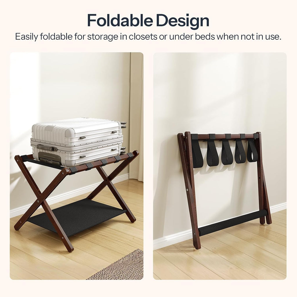 HOOBRO Luggage Racks, Set of 2 Folding Luggage Holders, Bamboo Suitcase Stands, with Nylon Straps and Oxford Fabric Shelf, for Guest Room, Hotel, Bedroom, Brown and Black BR17XLP201G1