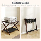 HOOBRO Luggage Racks, Set of 2 Folding Luggage Holders, Bamboo Suitcase Stands, with Nylon Straps and Oxford Fabric Shelf, for Guest Room, Hotel, Bedroom, Brown and Black BR17XLP201G1