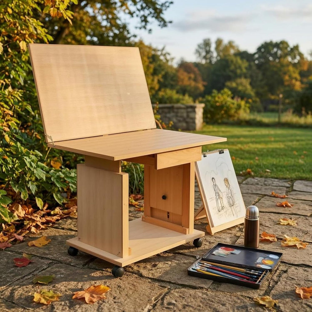 Adjustable Tilting Drafting Table Liftable Cabinet Base Beech Wood Structure ...