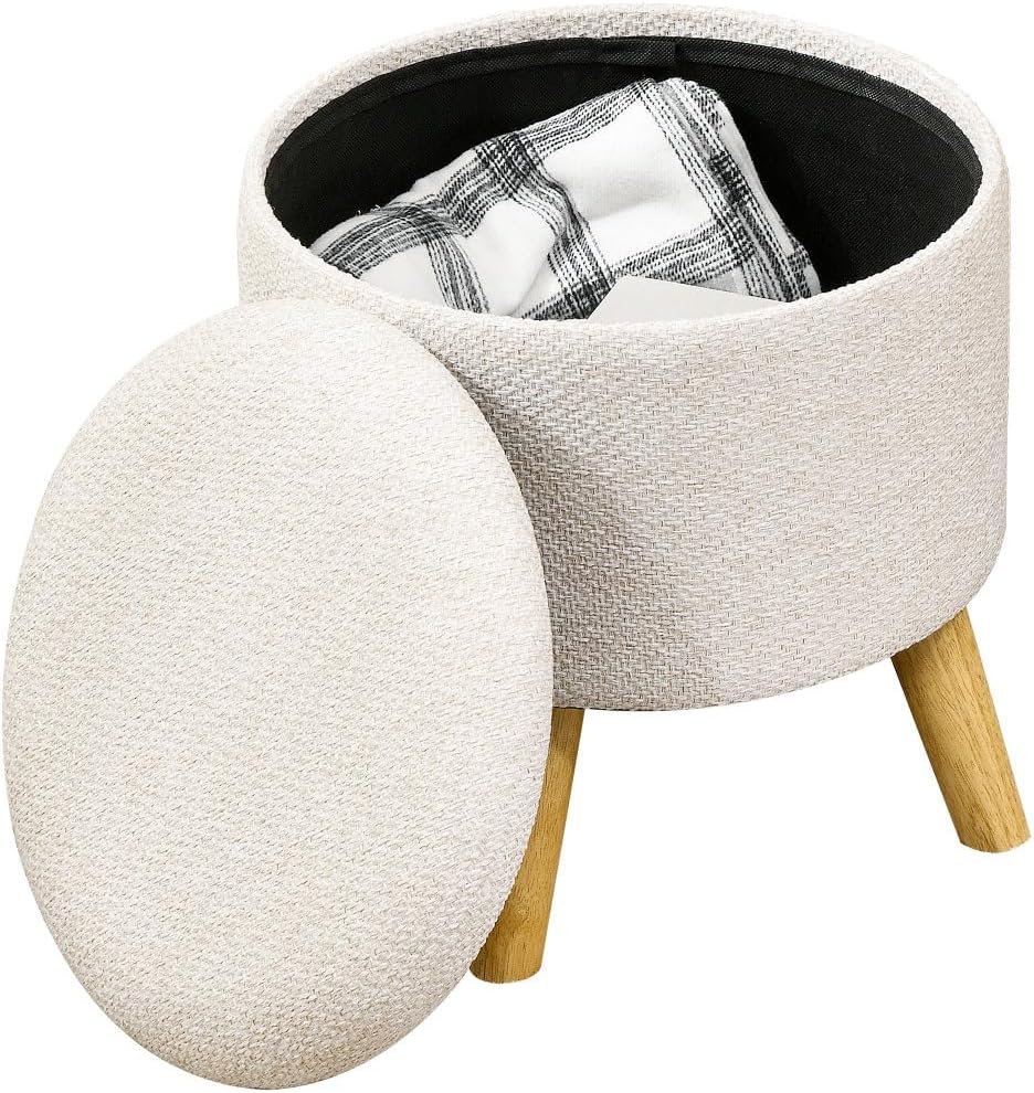 Storage Ottoman, Round Stool Chair with Cushioned Top, Cream White
