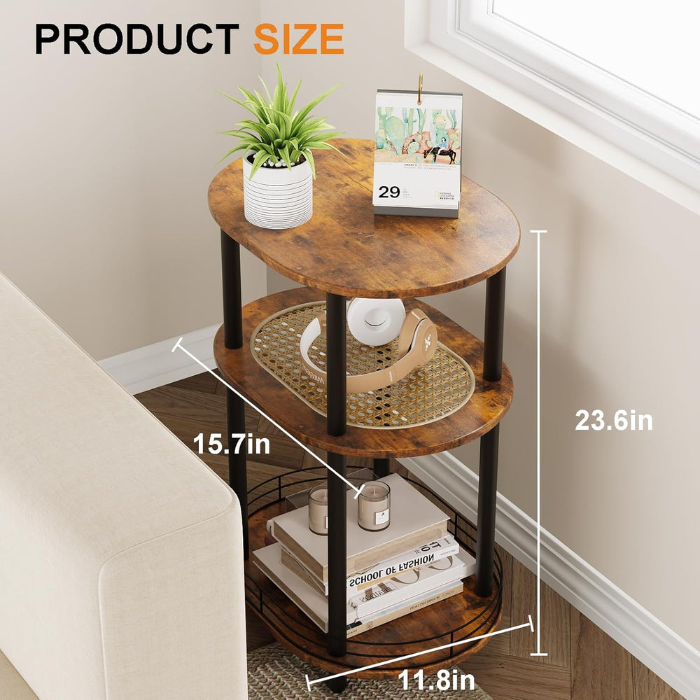 Small Rattan Side Table with Storage, 3 Tier Round/Oval End Table with Rattan...